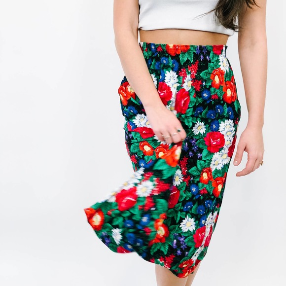Vintage Dresses & Skirts - Vintage Bright Floral Midi Skirt S